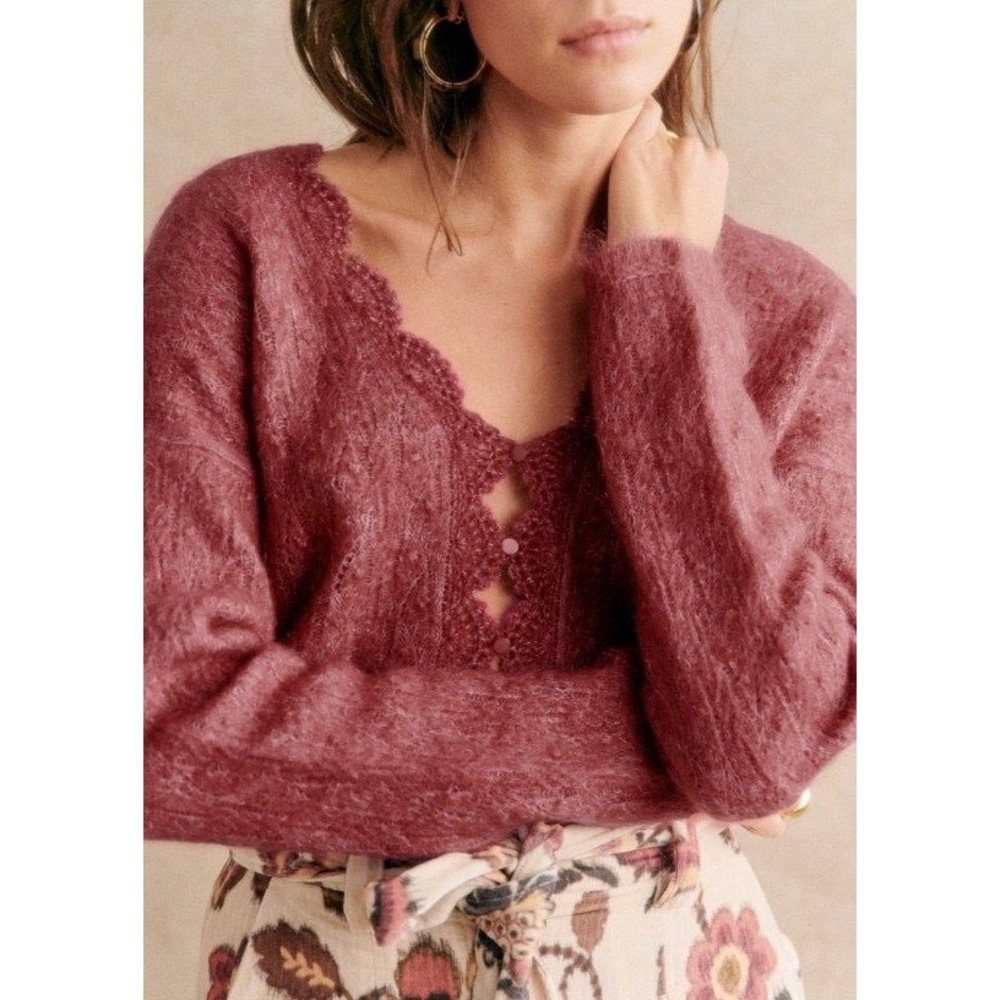 Sezane Anaelle Cardigan Rosewood Pink Mohair Wool Scalloped Lace Trim Sweater S